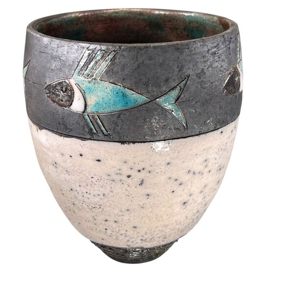Raku Pottery Fish Vase Teal Black Glazed Textured Iridescent Artistic Signed - Picture 3 of 12